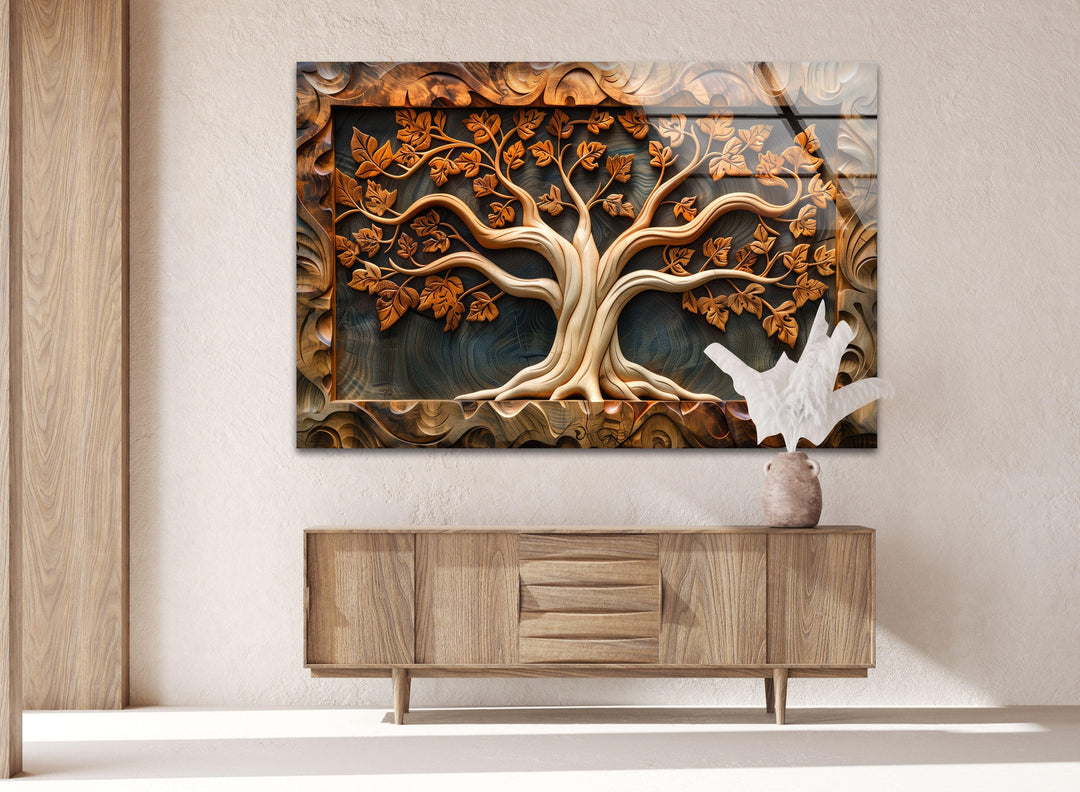 Carved Wood Tree Glass Wall Art picture on glass wall art, photos printed on glass