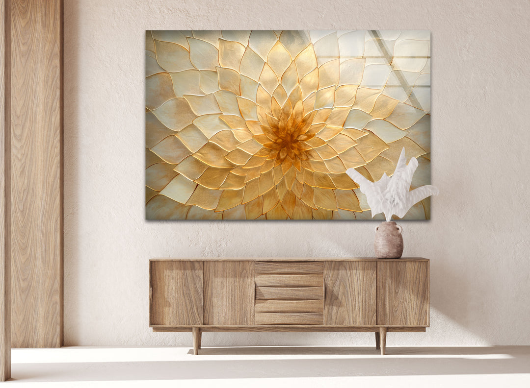 Stained Gold Flower Glass Wall Art photo print on glass, prints on glass wall art