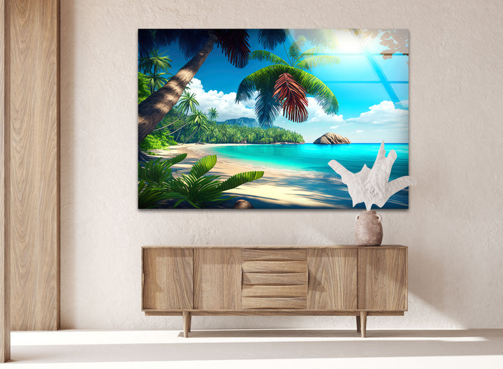 Tropical Island & Palm Trees Glass Wall Art print on glass, glass printed photos