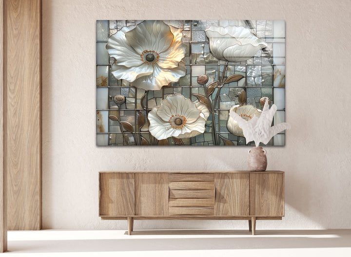 Mosaic White Poppy Glass Wall Art, glass photo prints, glass picture prints