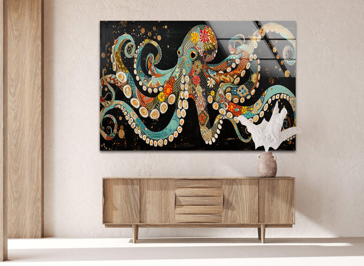 Ethnic Patterned Octopus Glass Wall Art glass pictures for Wall, glass prints wall art