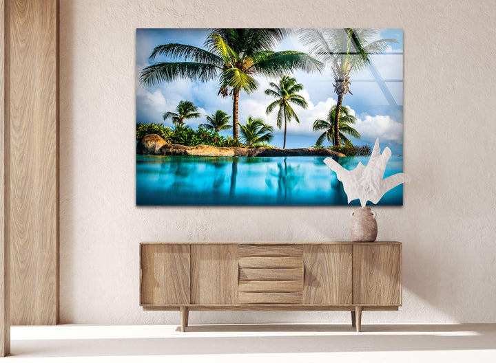 Island & Blue Sea Glass Wall Art photo print on glass, prints on glass wall art