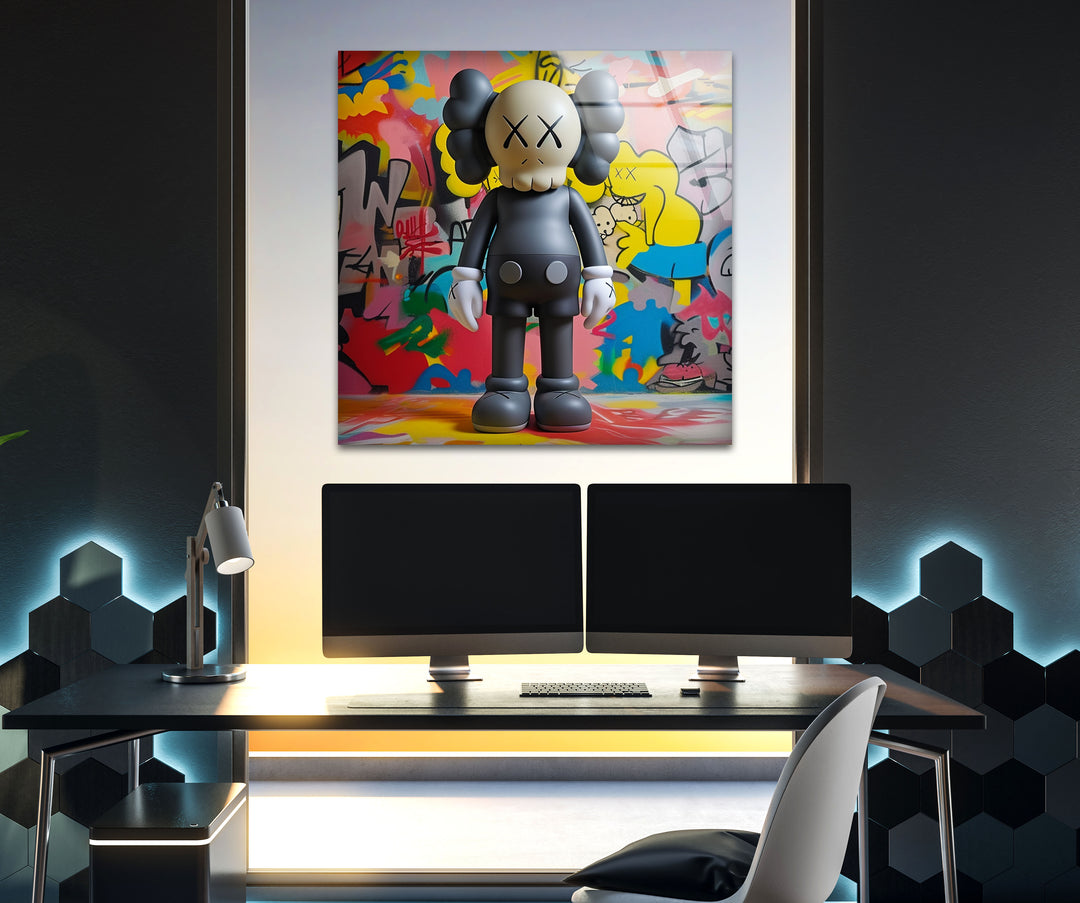 Kaws With Graffiti Glass Wall Art custom glass pictures, glass art prints