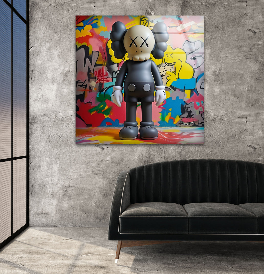 Kaws With Graffiti Glass Wall Art glass image printing, glass prints from photos