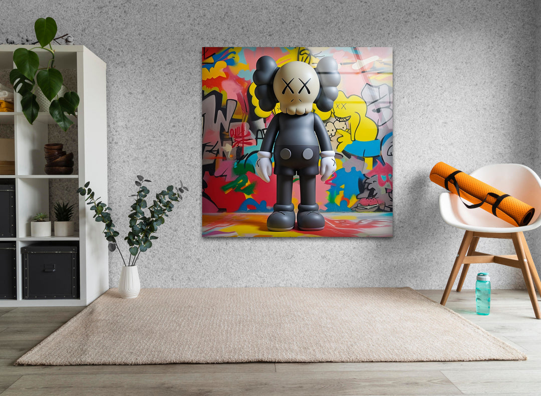 Kaws With Graffiti Glass Wall Art glass pictures for Wall, glass prints wall art