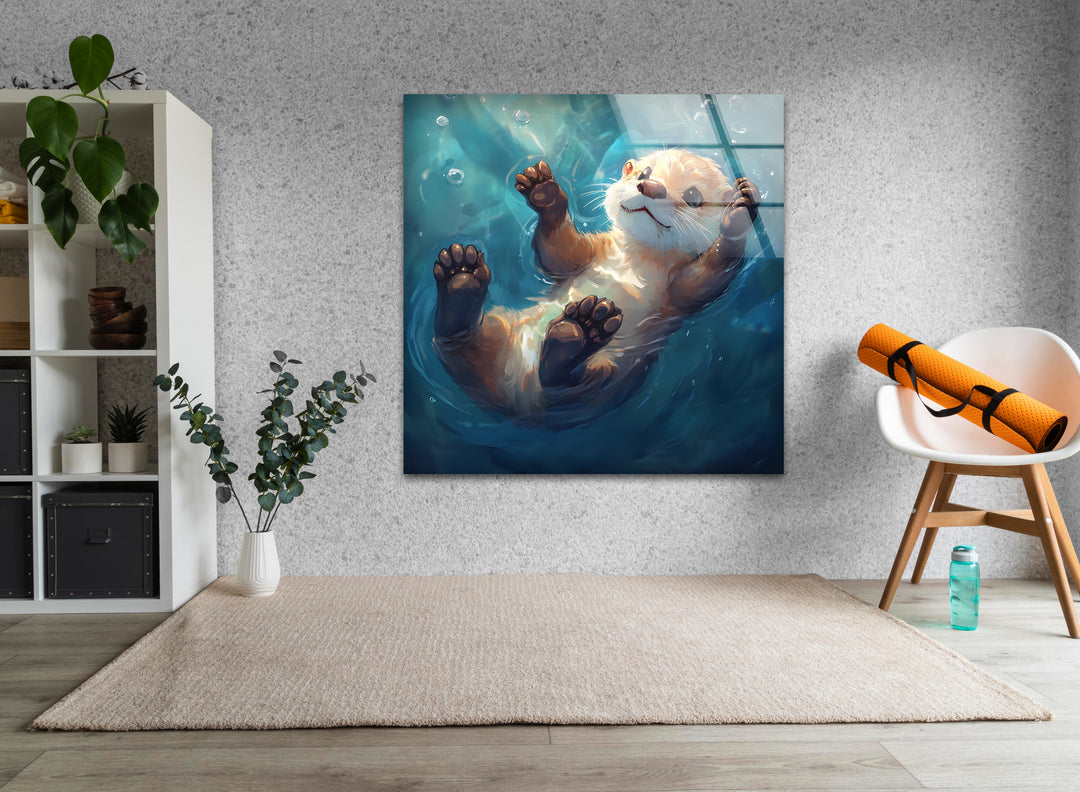 Pretty Baby Otter Oil Painting Glass Wall Art glass photo prints, glass picture prints
