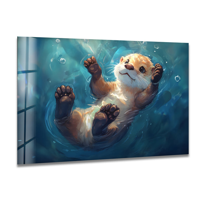 Pretty Baby Otter Oil Painting Glass Wall Art print on glass, glass printed photos
