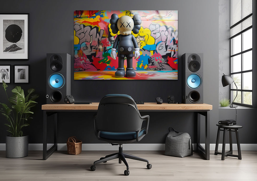 Kaws With Graffiti Glass Wall Art photo print on glass, prints on glass wall art