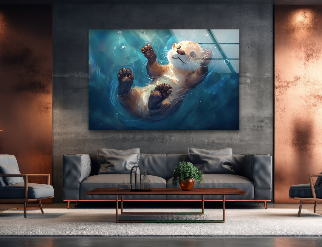 Pretty Baby Otter Oil Painting Glass Wall Art custom glass pictures, glass art prints
