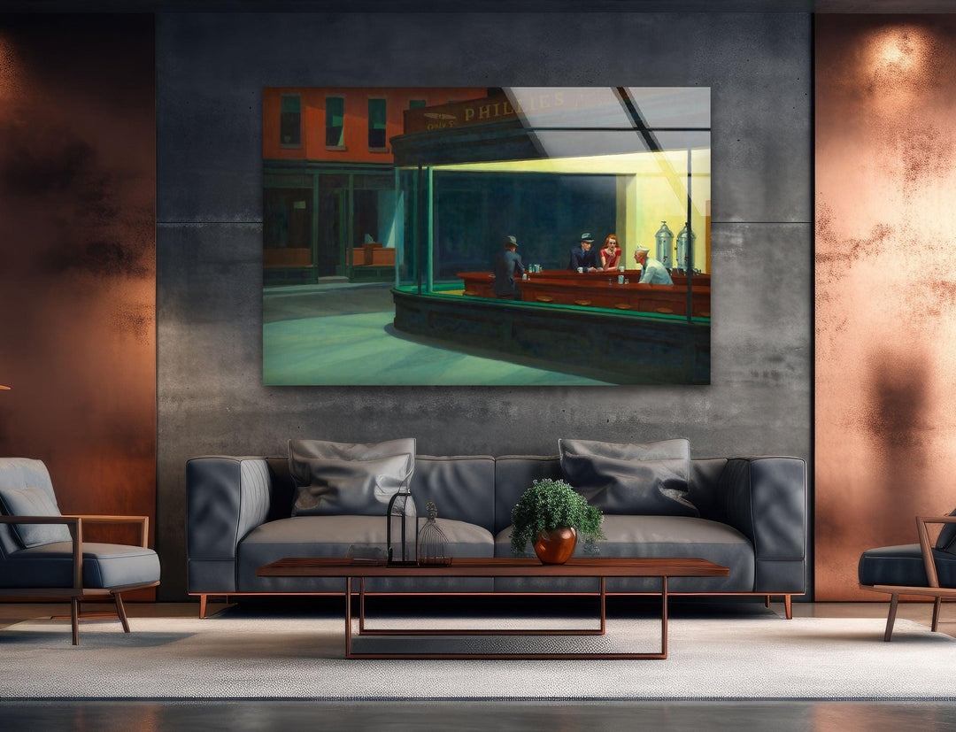 Nighthawks Edward Hopper Glass Wall Art custom glass photo prints, large glass prints
