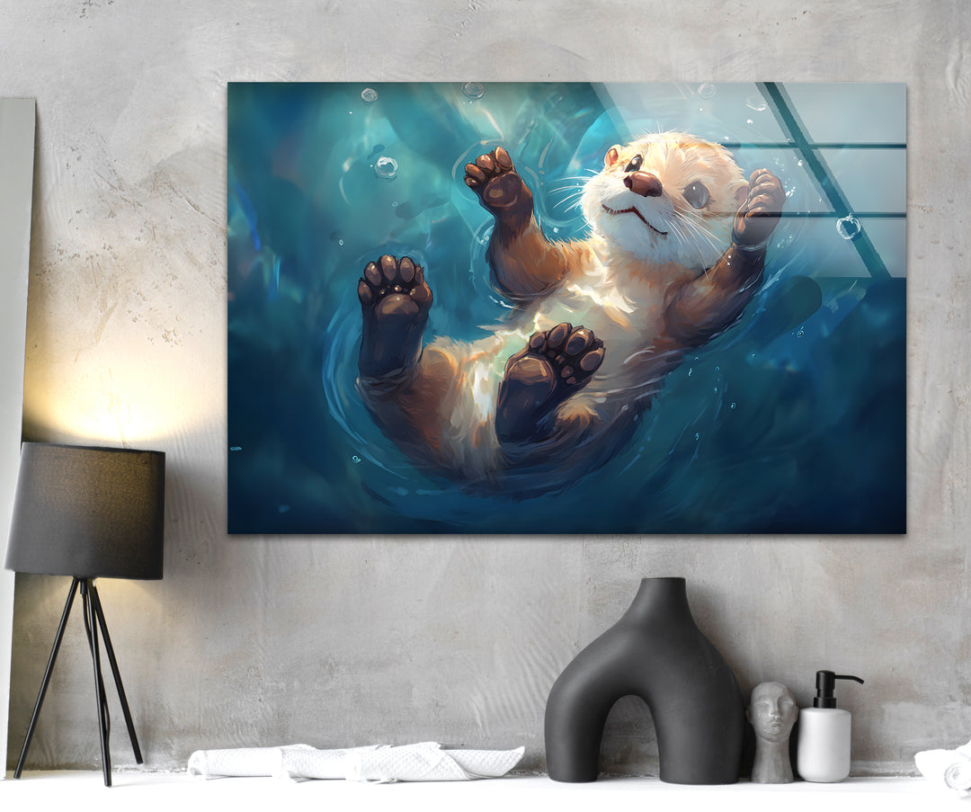 Pretty Baby Otter Oil Painting Glass Wall Art stained glass wall art, stained glass wall decor
