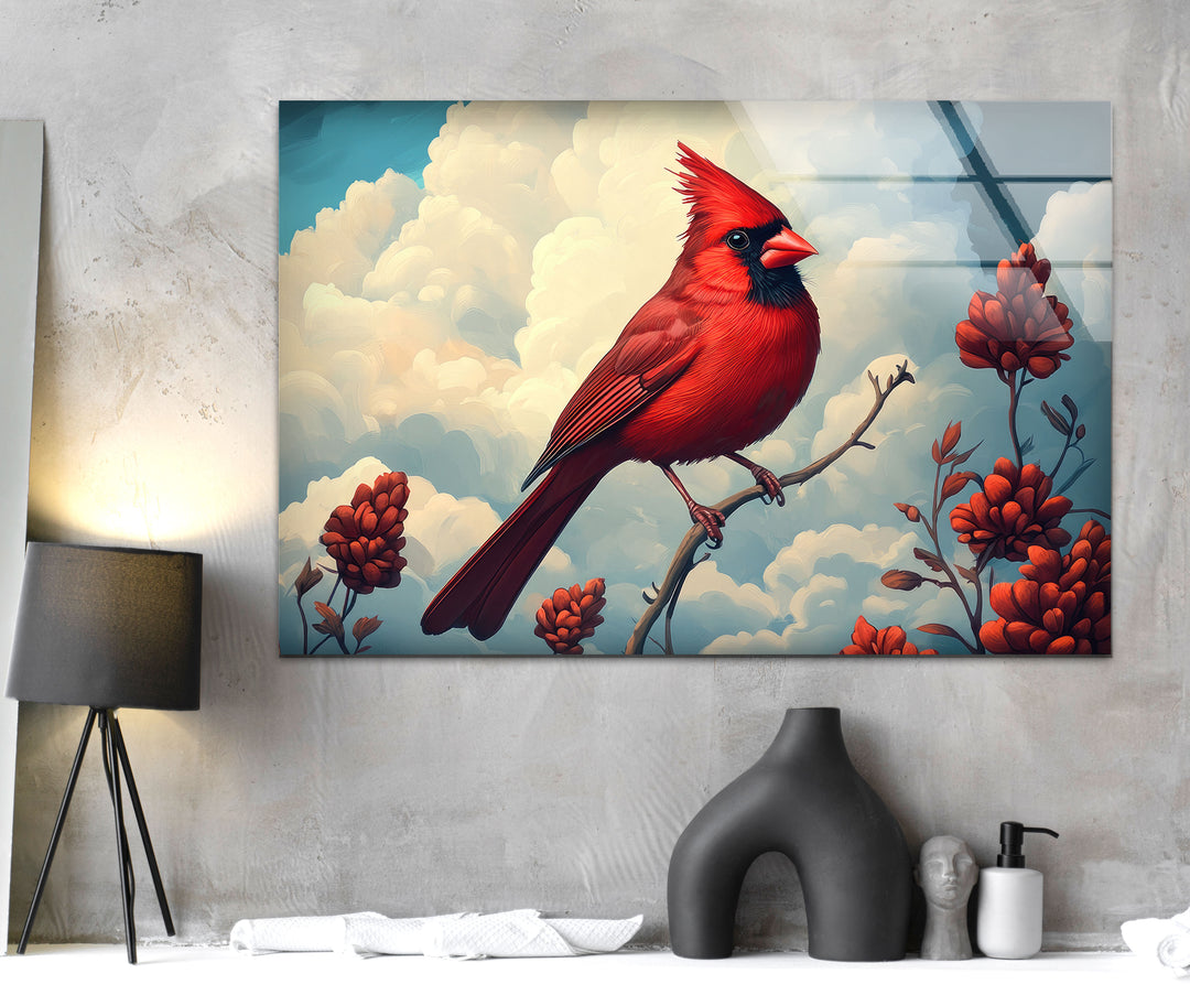 Red Beauty Goldfinch Glass Wall Art custom glass photo prints, large glass prints
