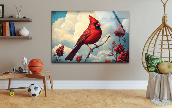 Red Beauty Goldfinch Glass Wall Art picture on glass wall art, photos printed on glass
