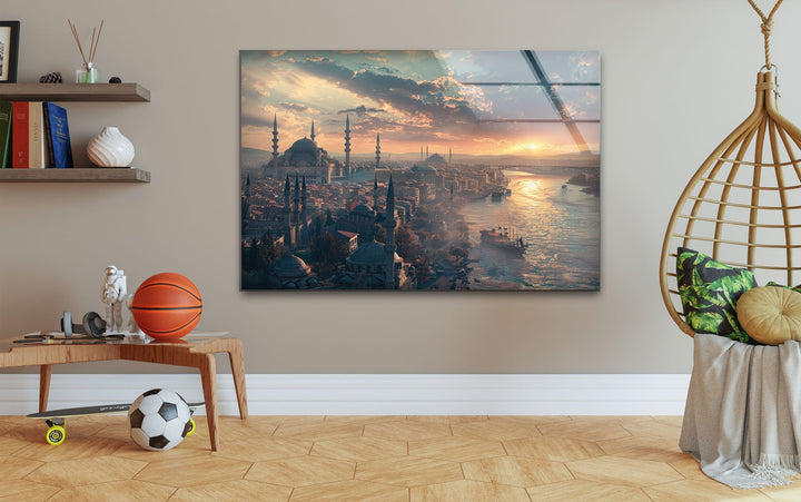 Painting of Istanbul in Ancient Times Glass Wall Art photo print on glass, prints on glass wall art
