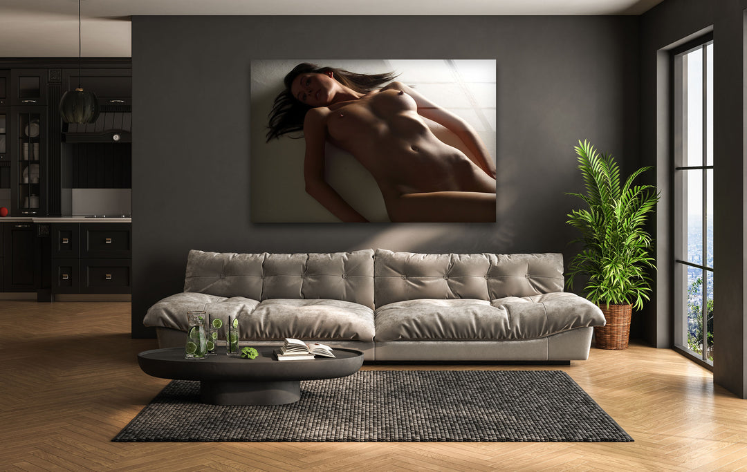 Sophisticated glass wall art with striking erotic nude designs
