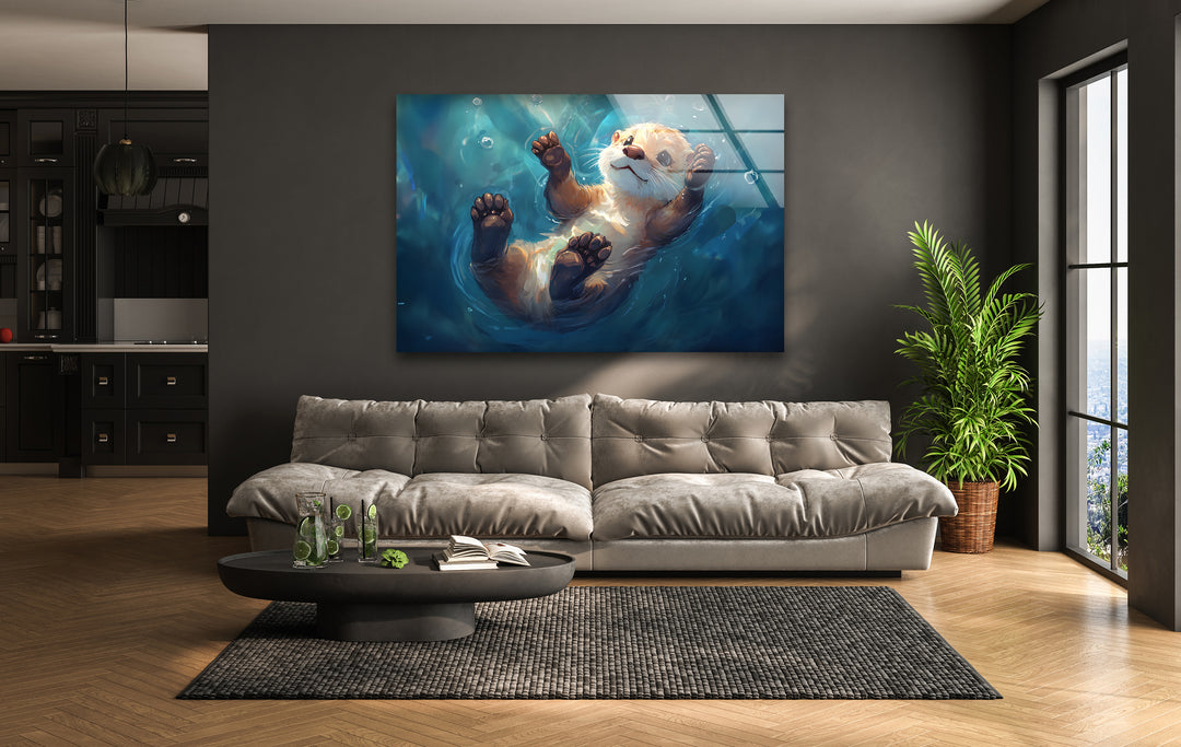 Pretty Baby Otter Oil Painting Glass Wall Art print picture on glass, Tempered Glass Wall Art
