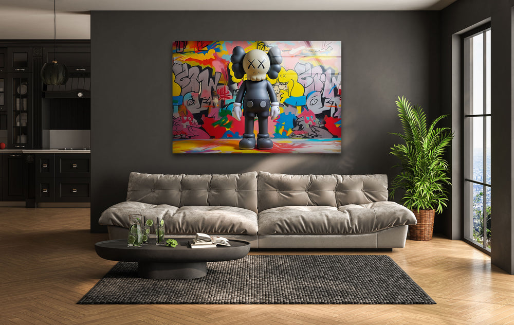 Kaws With Graffiti Glass Wall Art glass wall decor, glass wall art decor