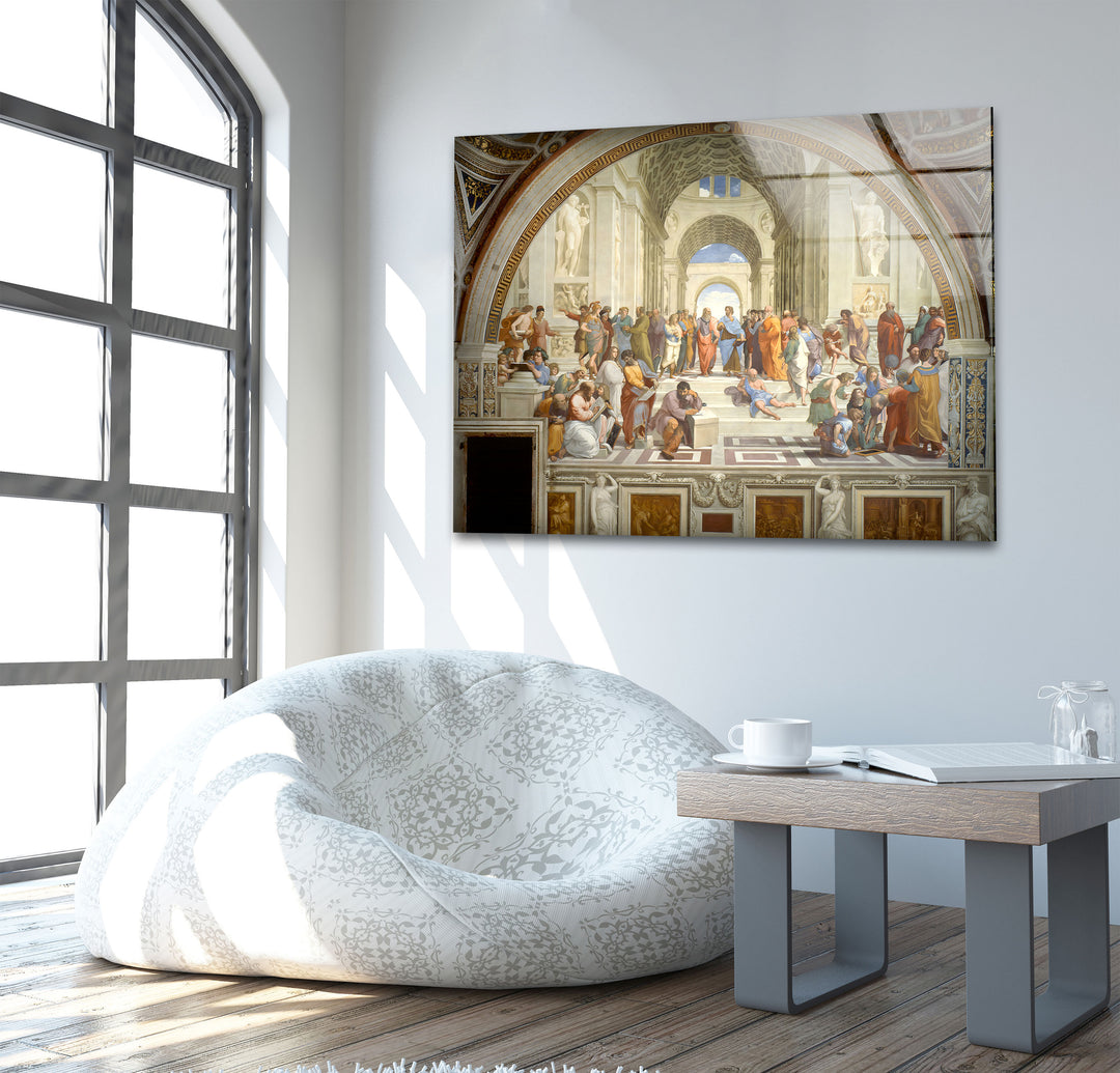 The School of Athens Raffaello Sanzio Glass Wall Art picture on glass wall art, photos printed on glass
