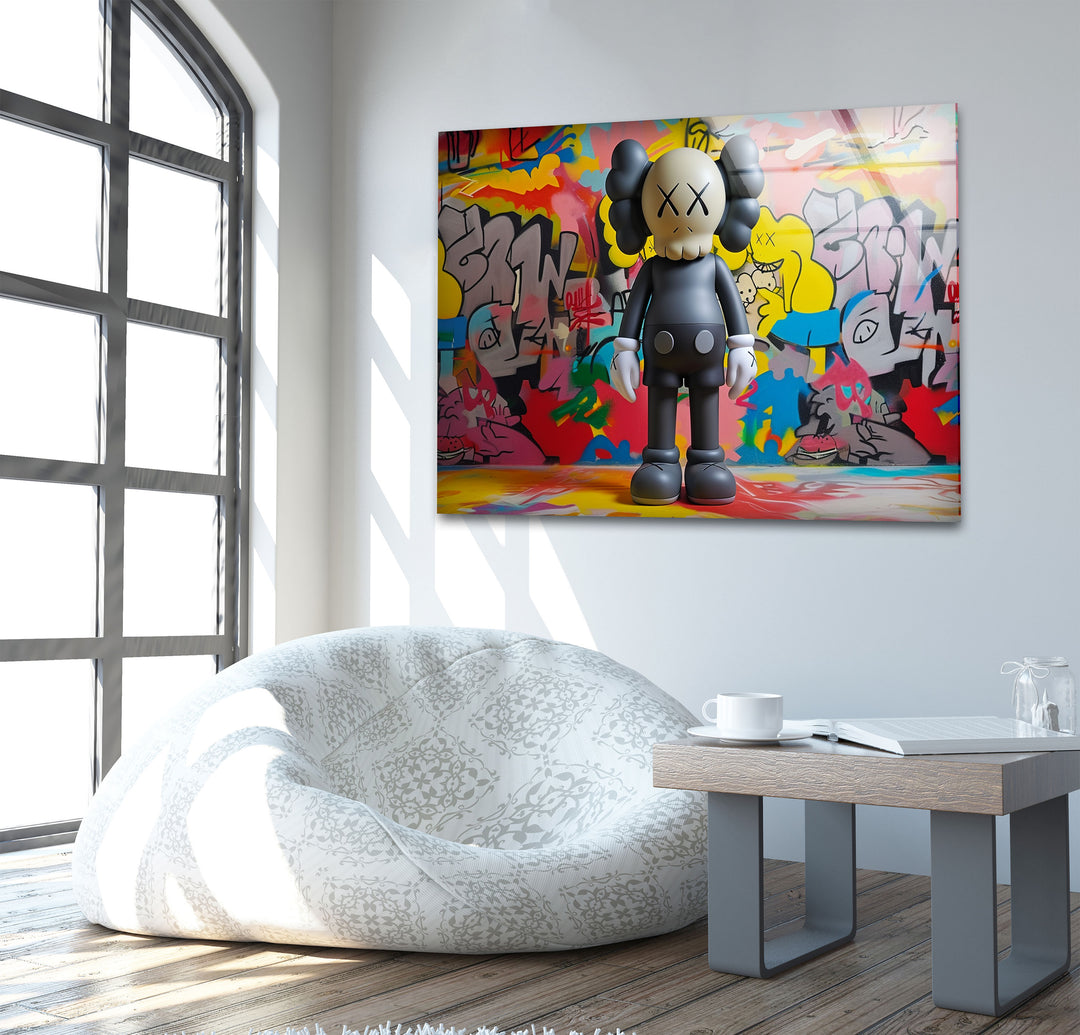 Kaws With Graffiti Glass Wall Art Glass Printing Wall Art, Print photos on glass