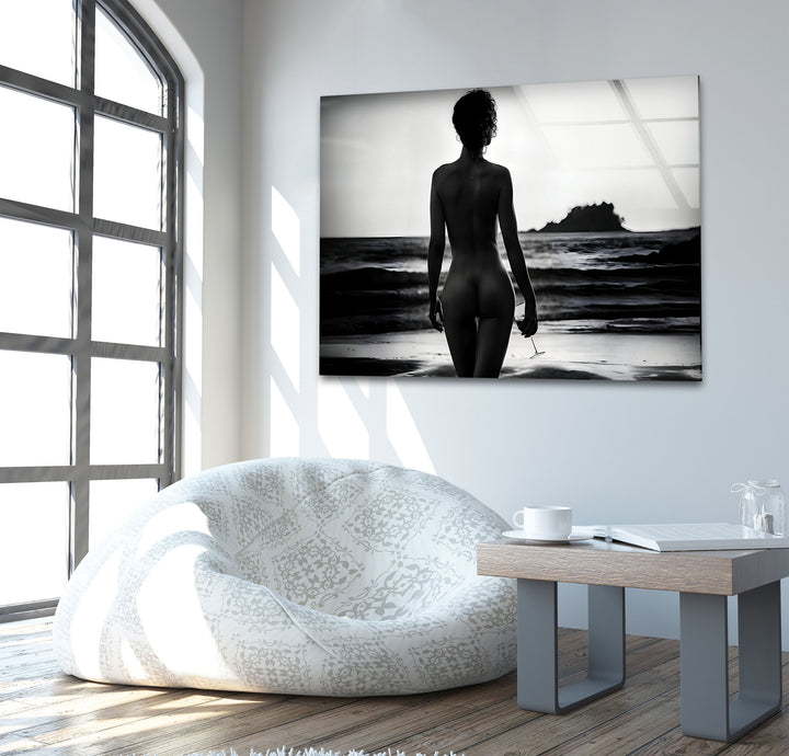 Sophisticated erotic nude art paired with sleek glass wall decor ideas
