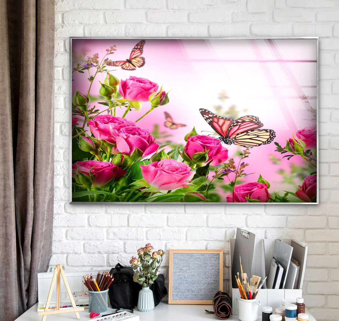 Pink Rose Butterfly Glass Wall Art, art glass wall art, glass wall art pictures