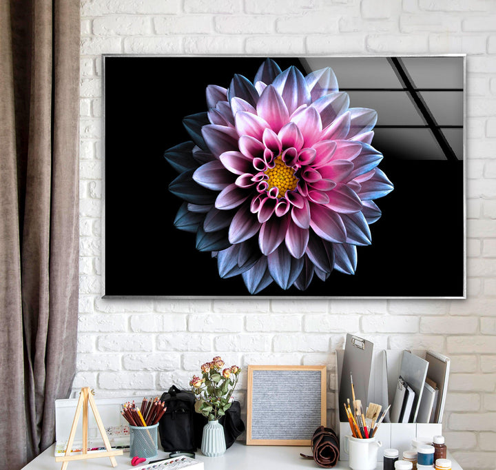 Purple Flower On Black Glass Wall Art, custom glass pictures, glass art prints
