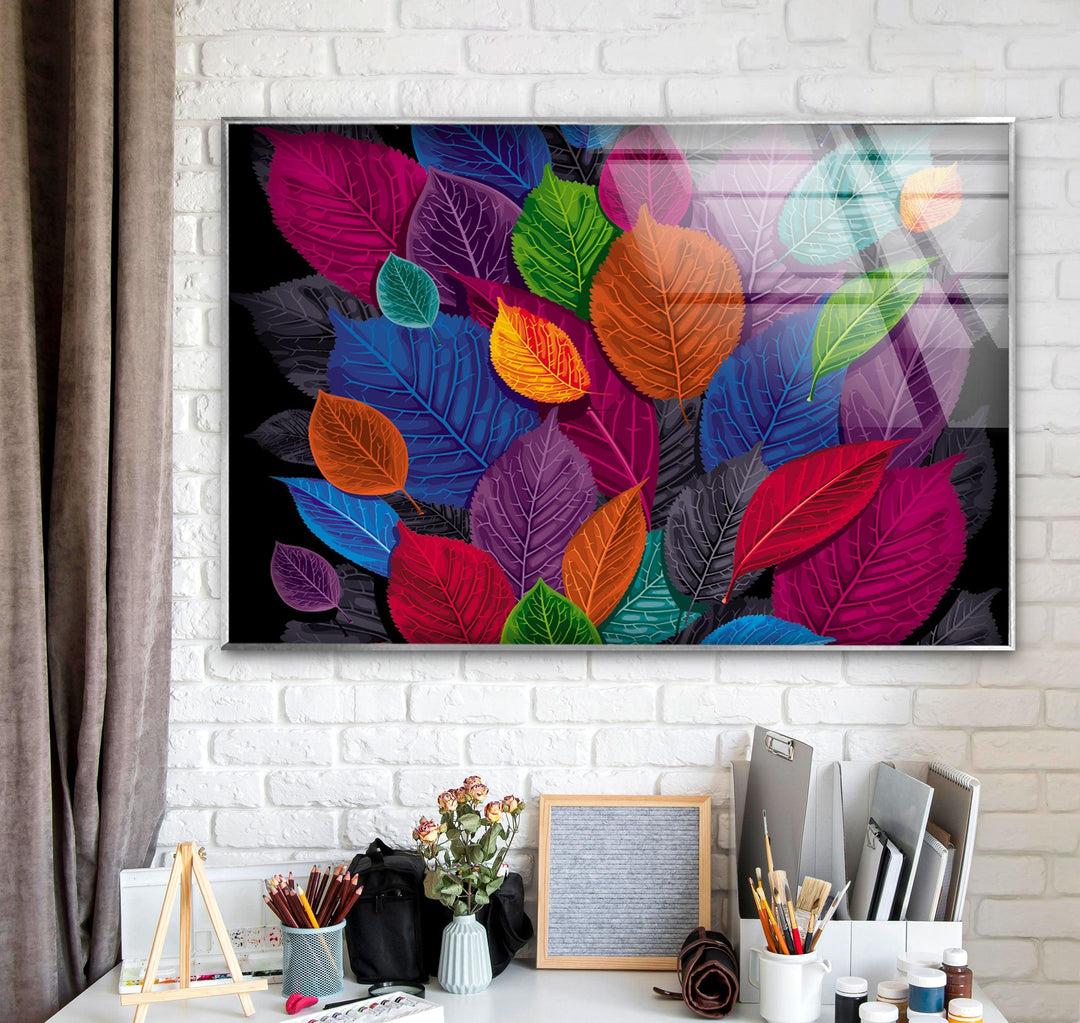 Modern Colorful Leaf Glass Wall Art, glass pictures for Wall, glass prints wall art