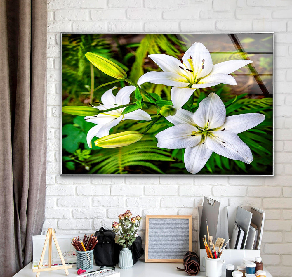 White Lily Flowers Glass Wall Art, glass wall decor, glass wall art decor
