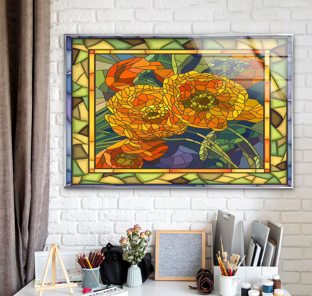 Orange Flowers Stained Glass Wall Art custom glass pictures, glass art prints