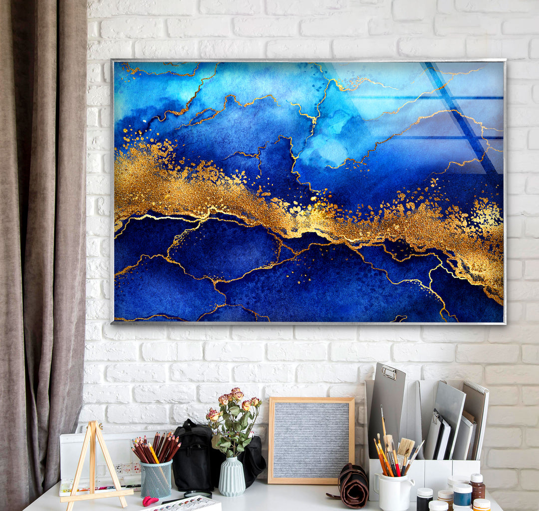 Blue and Golden Abstract Glass Wall Art glass art painting, glass art for the Wall