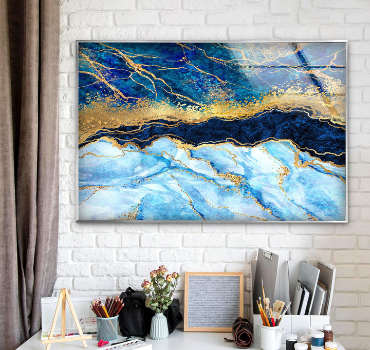 Turquoise Marble&Gold Veins Glass Wall Art, picture on glass wall art, photos printed on glass