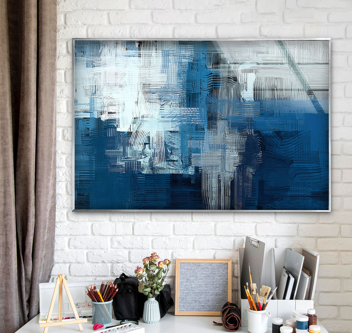 Blue Ink Abstract Glass Wall Art, picture on glass wall art, photos printed on glass