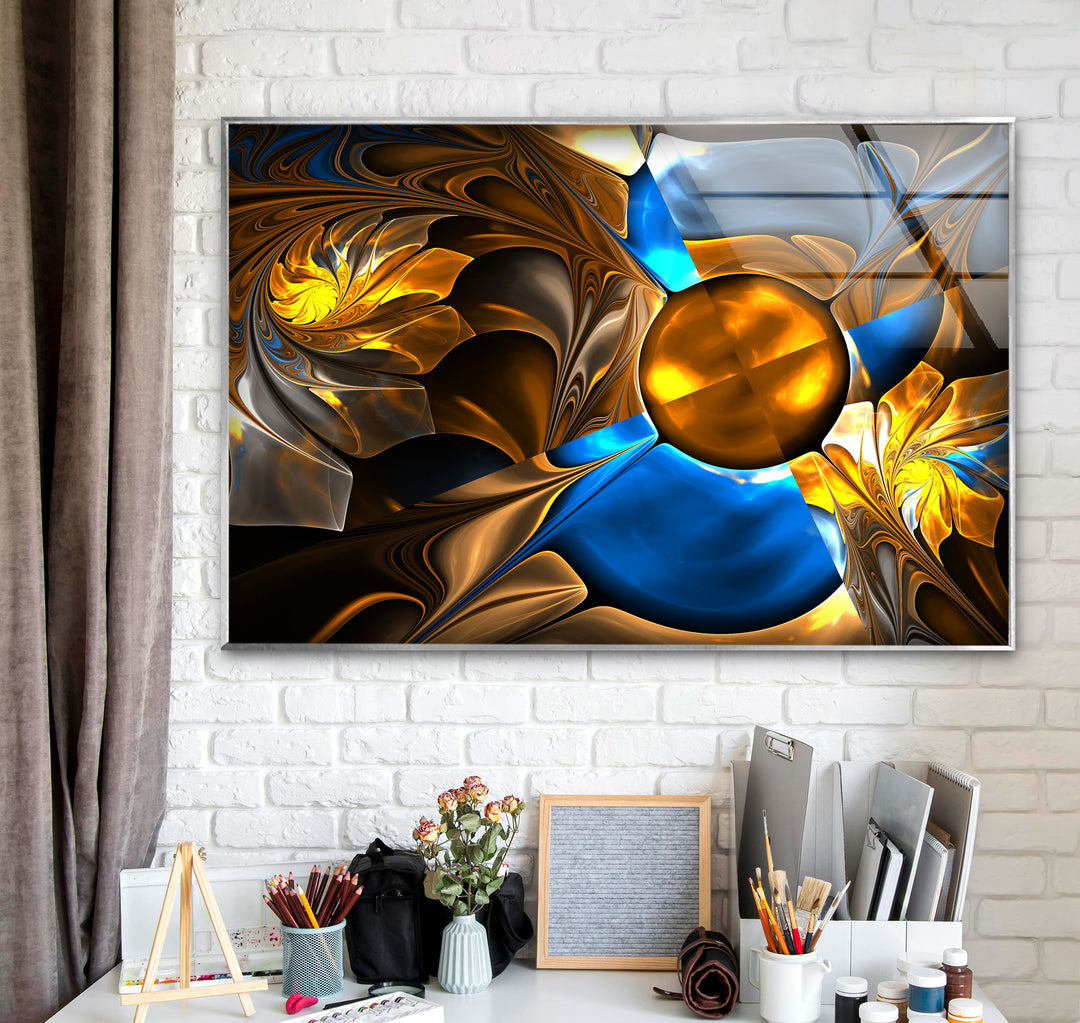 Abstract Blue&Gold Fractal Glass Wall Art, photo print on glass, prints on glass wall art