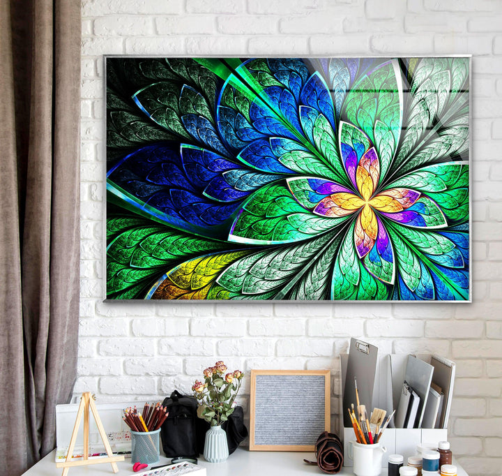 Fractal Style Stained Flower Glass Wall Art, custom glass pictures, glass art prints