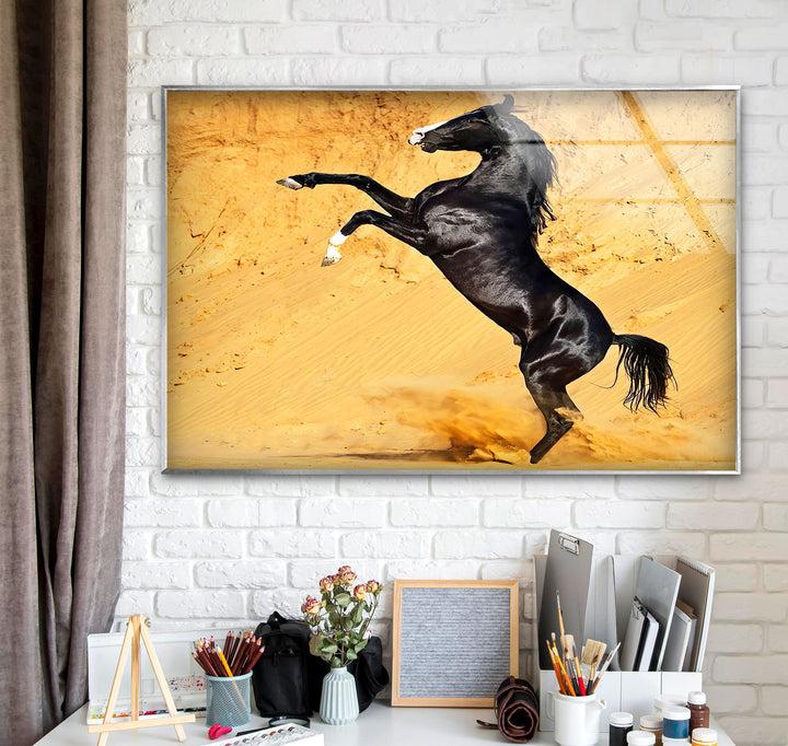 Black Horse on Desert Glass Wall Art glass image printing, glass prints from photos 