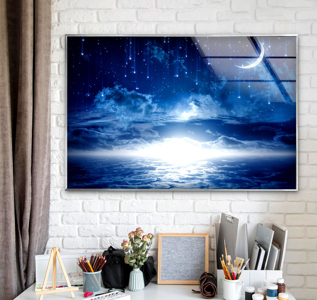 Starry Night Sky Moon Glass Wall Art, photo print on glass, prints on glass wall art