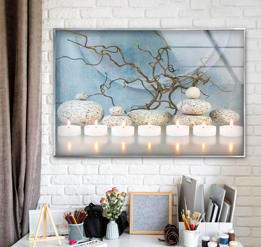 Candle With Zen Spa Stones Glass Wall Art