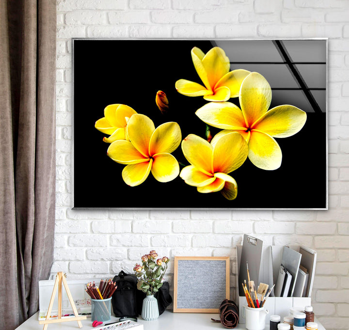 Yellow Plumeria Glass Wall Art, custom glass photo prints, large glass prints