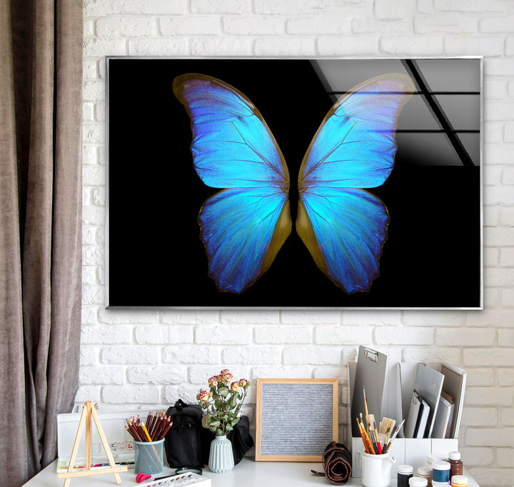 Blue Butterfly Glass Wall Art picture on glass wall art, photos printed on glass