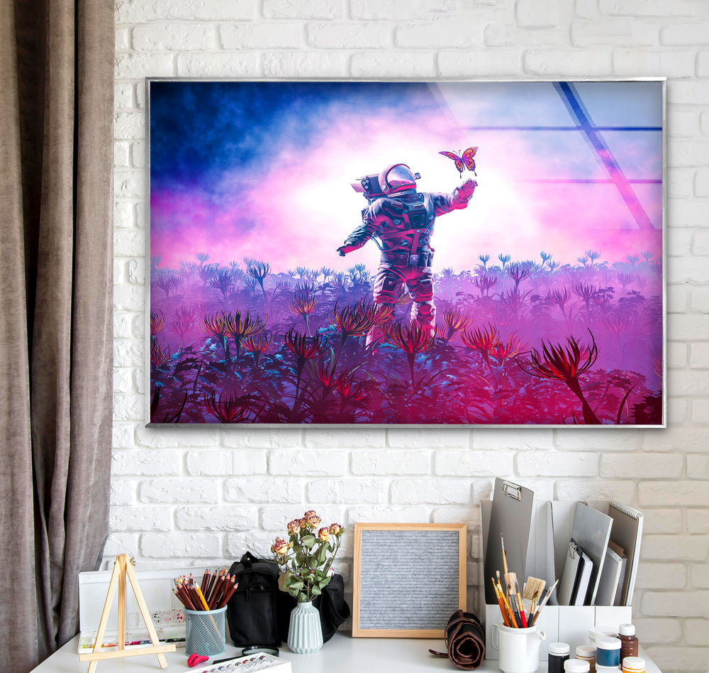 Astronaut With Butterfly Glass Wall Art, picture on glass wall art, photos printed on glass