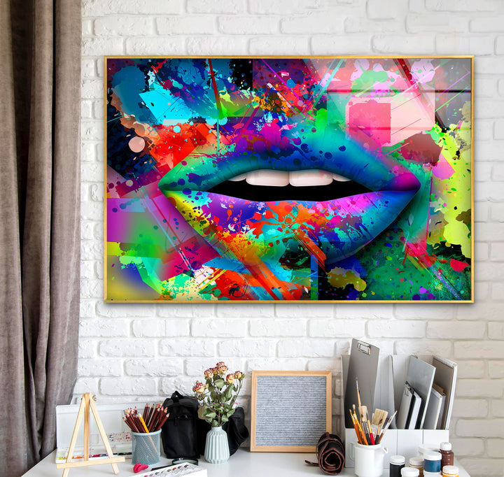 Color Spray Lips Glass Wall Art