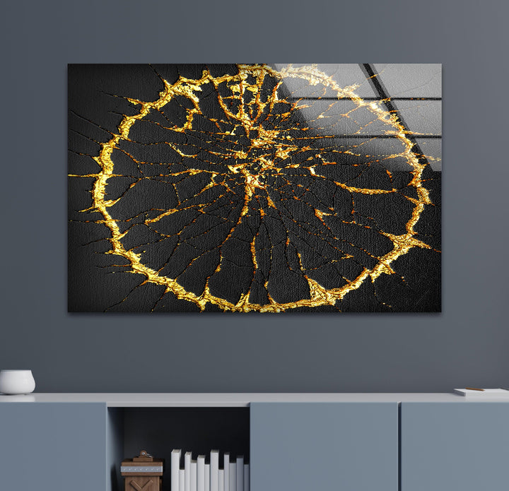 Golden Cracks Abstract Glass Wall Art