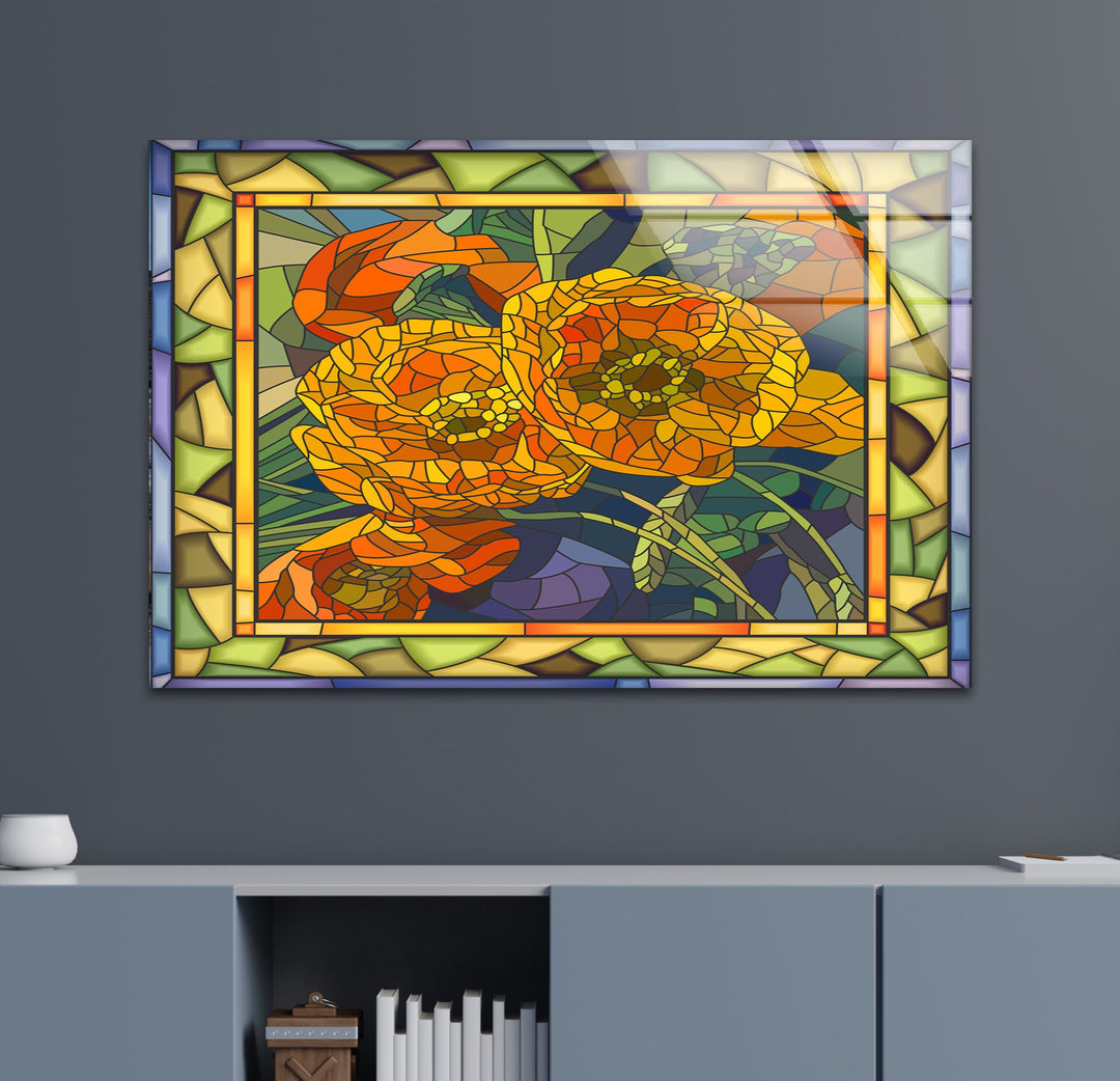 Orange Flowers Stained Glass Wall Art print picture on glass, Tempered Glass Wall Art