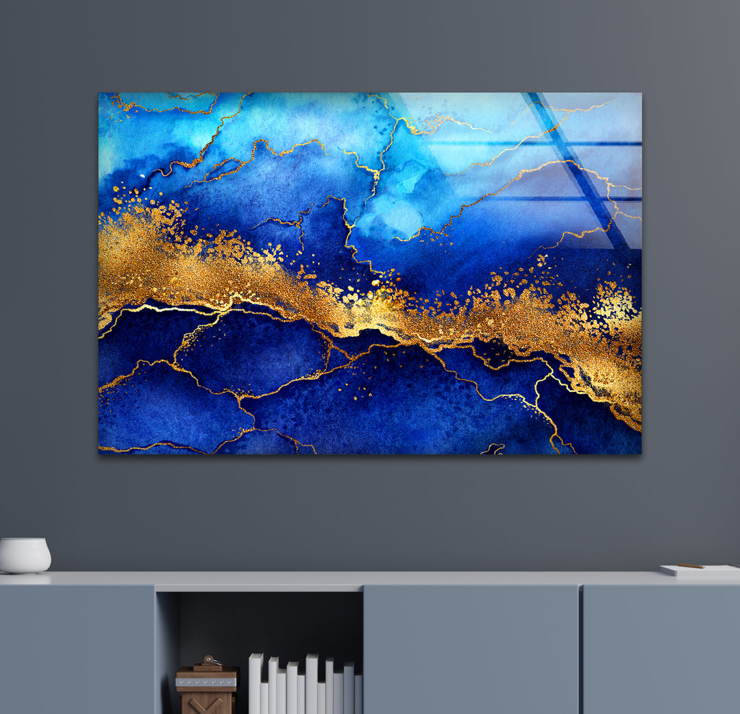 Blue and Golden Abstract Glass Wall Art glass pictures for Wall, glass prints wall art