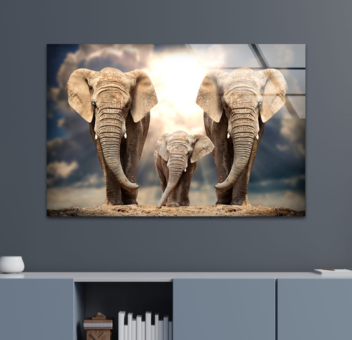 Safari Elephant Family Glass Wall Art print on glass, glass printed photos