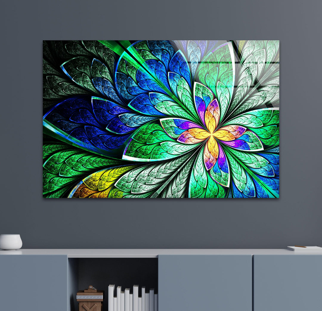 Fractal Style Stained Flower Glass Wall Art, custom glass photo prints, large glass prints