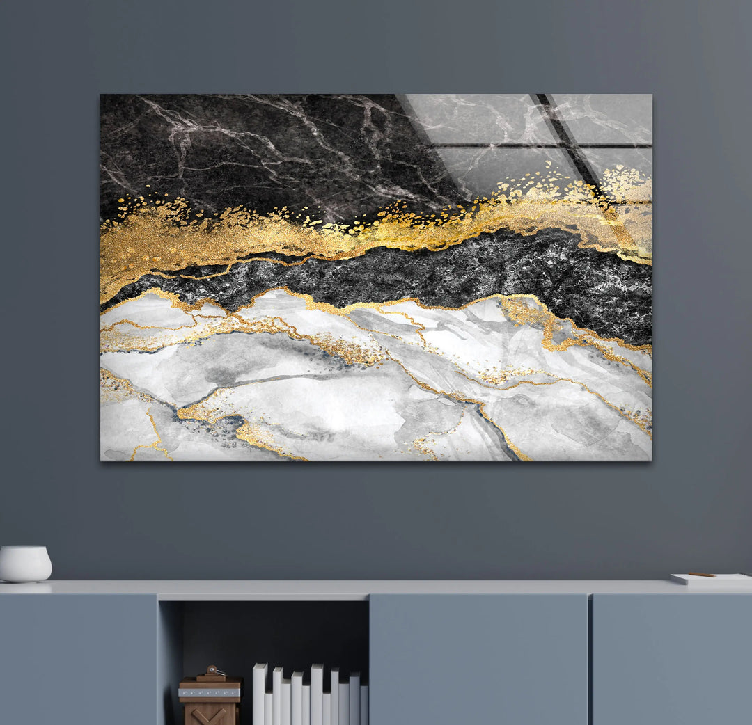 Black White Gold Marble Glass Wall Art, glass image printing, glass prints from photos