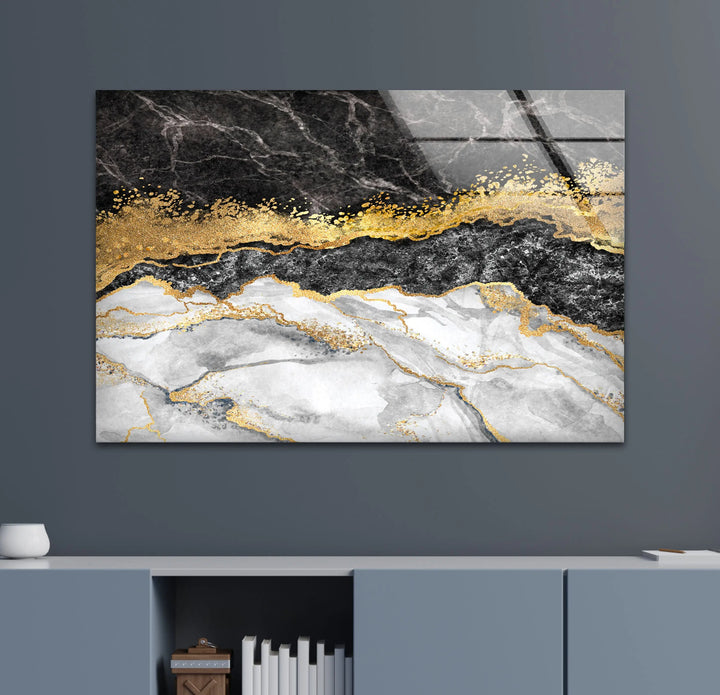 Black White Gold Marble Glass Wall Art, glass image printing, glass prints from photos