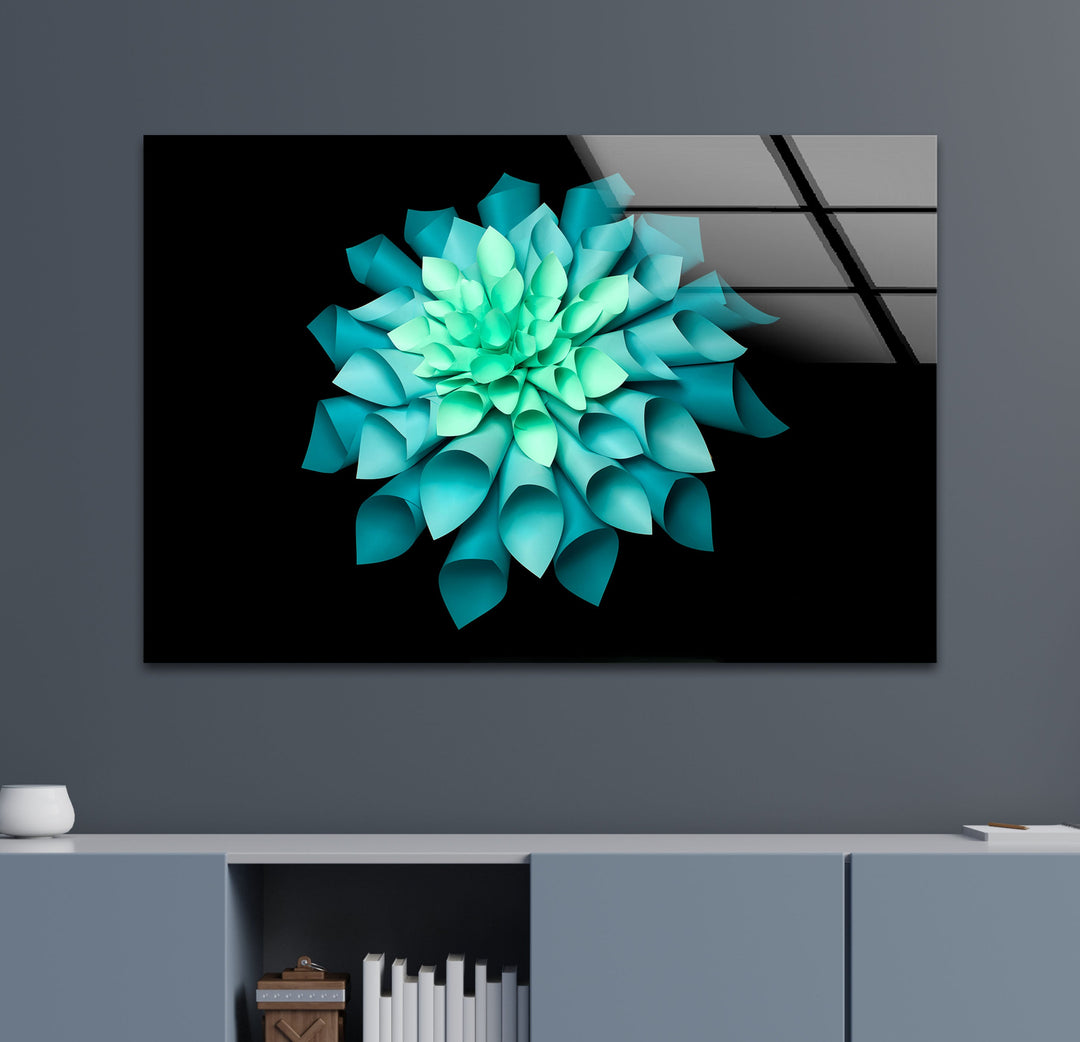 Green Paper Origami Flower Glass Wall Art, photo print on glass, prints on glass wall art
