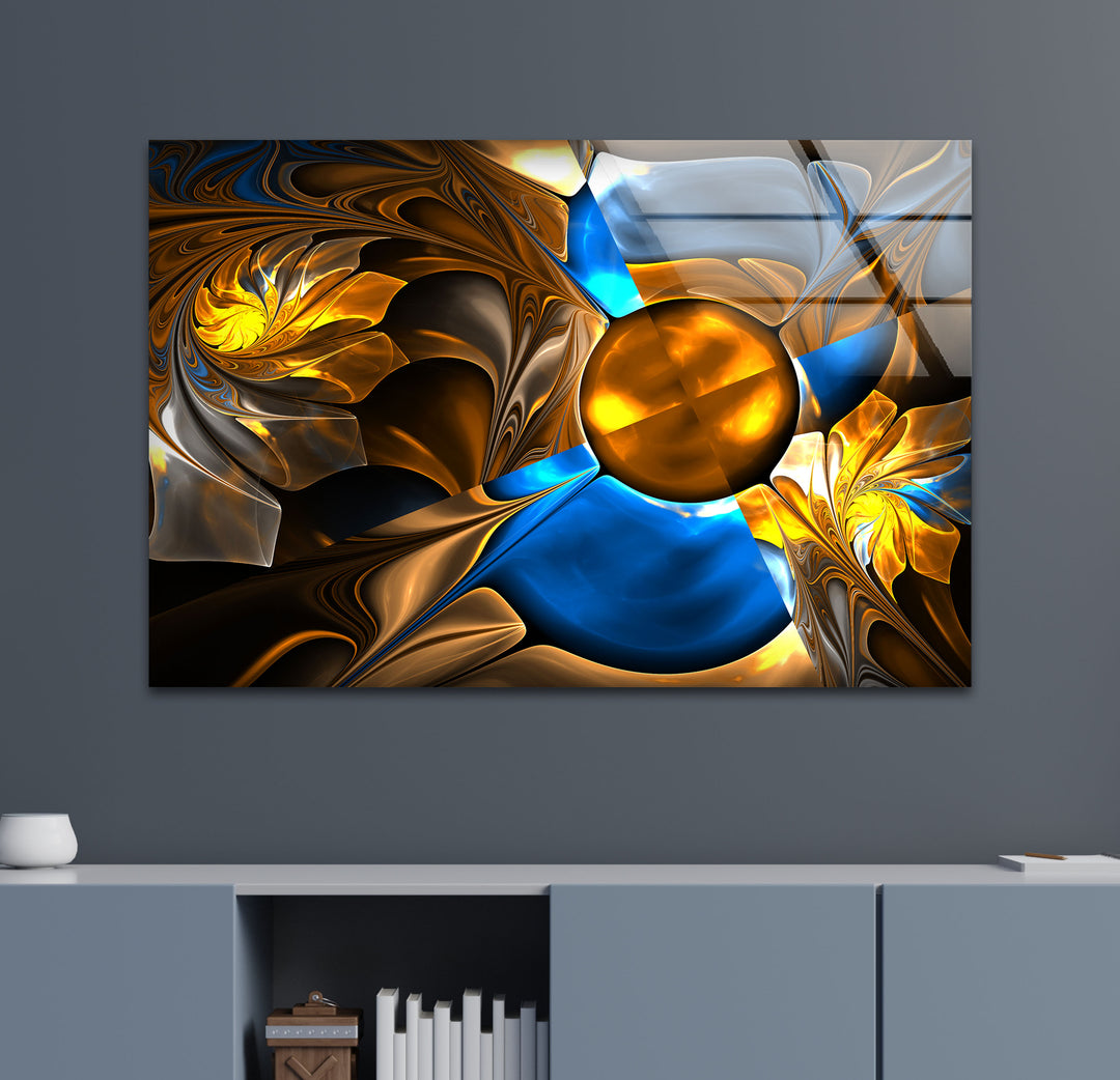 Abstract Blue&Gold Fractal Glass Wall Art, glass art painting, glass art for the Wall